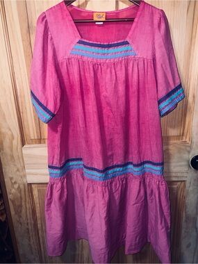 Pink Cotton Peasant Dress with Blue Trim